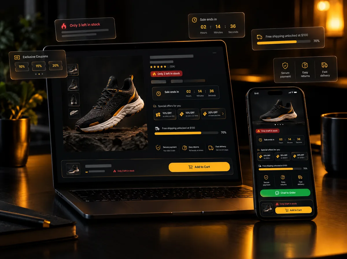 Shopify product page on a laptop and phone with a sticky Add to Cart bar, low-stock label, countdown timer, coupon cards and a free-shipping progress bar