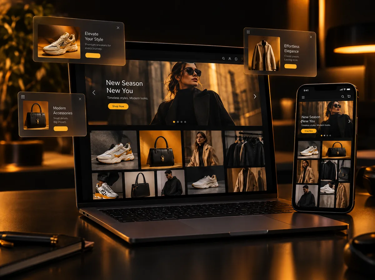 Fashion storefront on a laptop and phone with a hero banner slider, a product gallery grid and floating banner cards