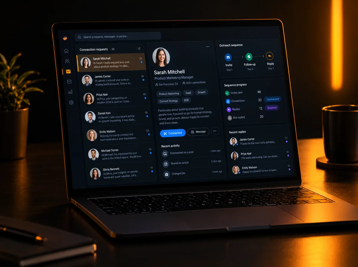 LinkedIn outreach dashboard on a laptop showing connection requests, a prospect profile and an Invite, Follow-up, Reply sequence
