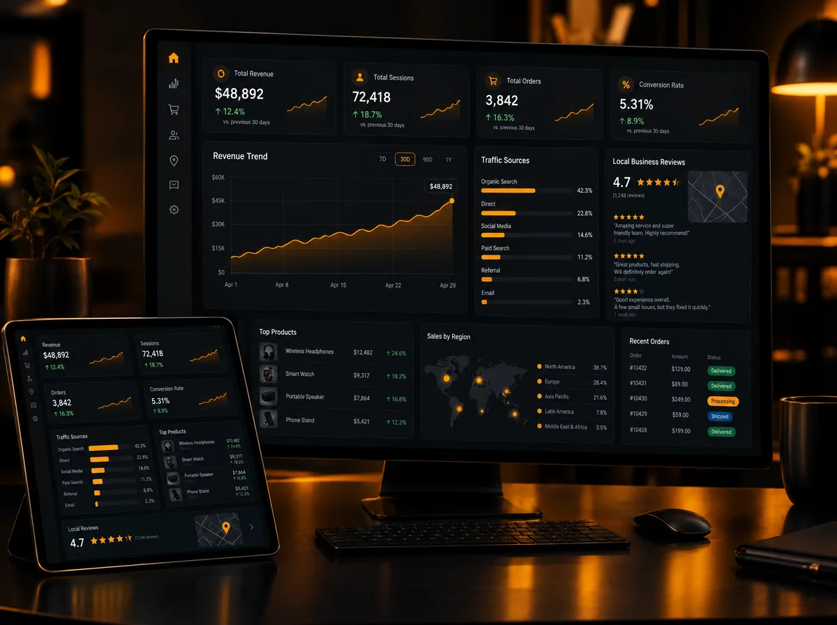 Analytics dashboard on a monitor and tablet with revenue, sessions, orders, a revenue trend chart and local business reviews